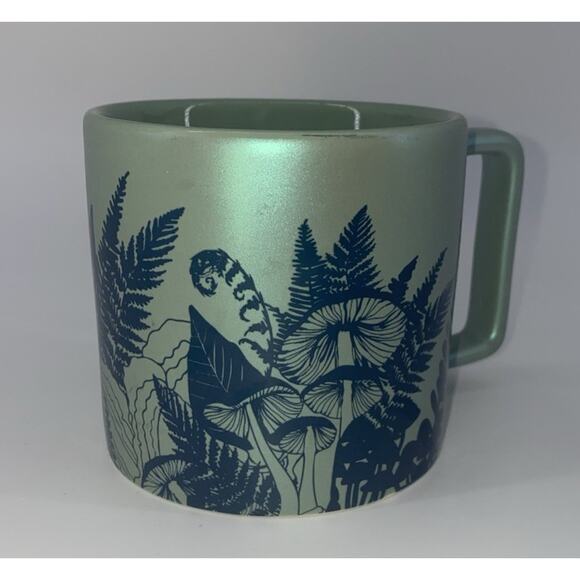 2022 Starbucks Fern & Mushroom Mug Blue On Iridescent Green 12 Oz. - Picture 1 of 8